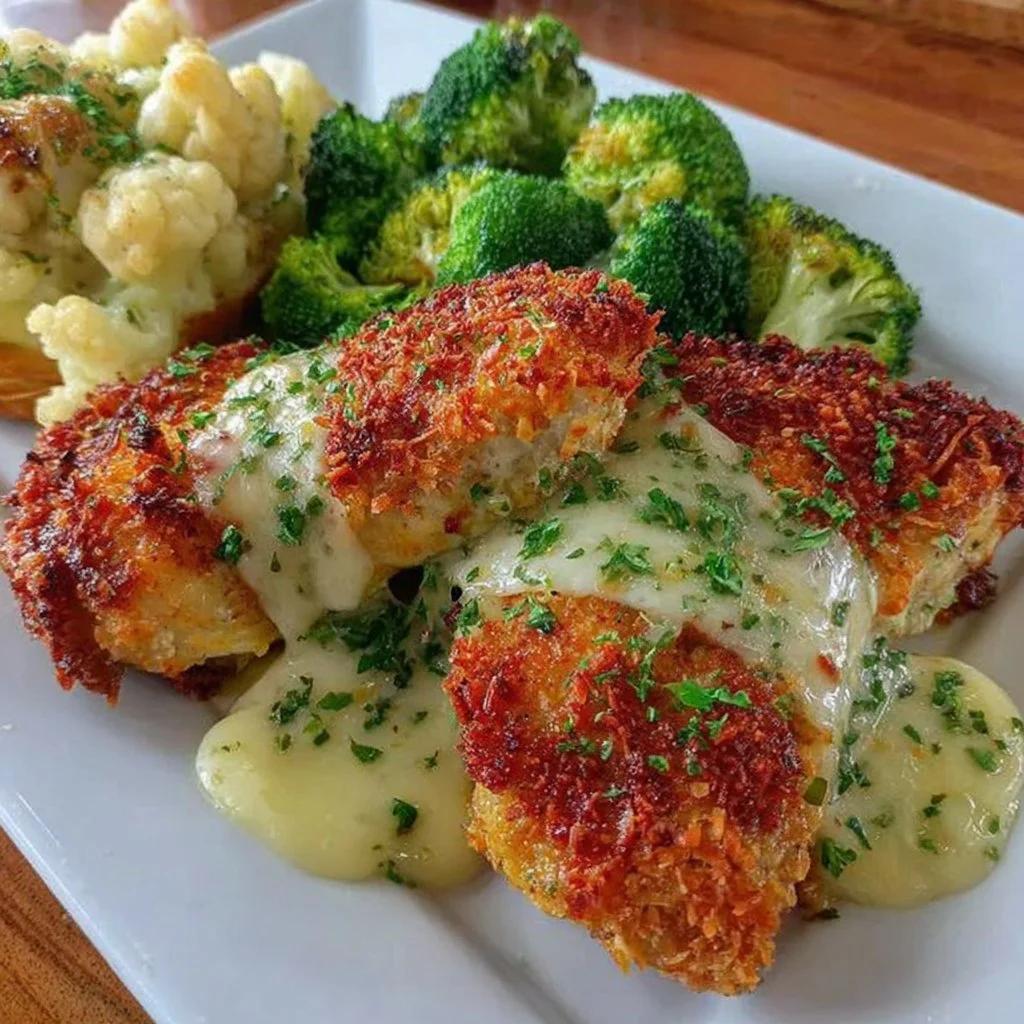 Air Fryer Broccoli and Cheese-Crusted Chicken