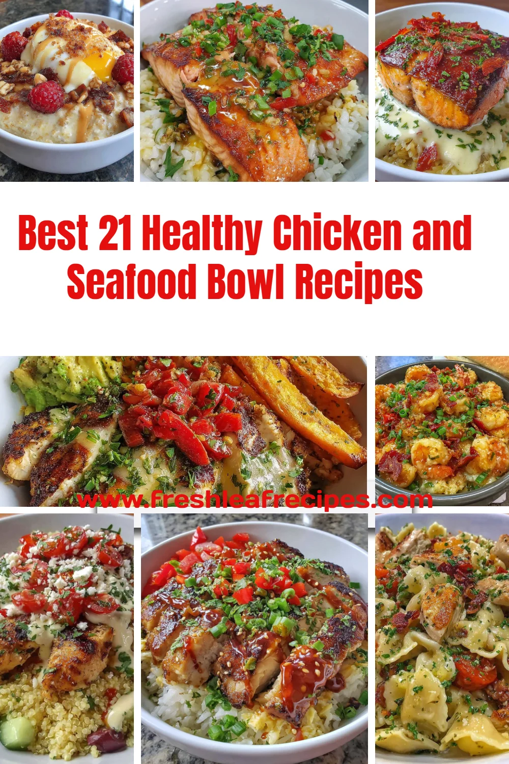 Colorful healthy chicken and seafood bowls with fresh vegetables and toppings.