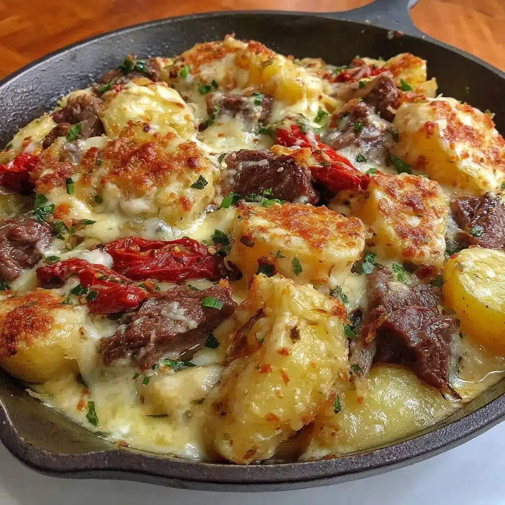 Cheesy One-Pot Beef and Potatoes dish served in a bowl