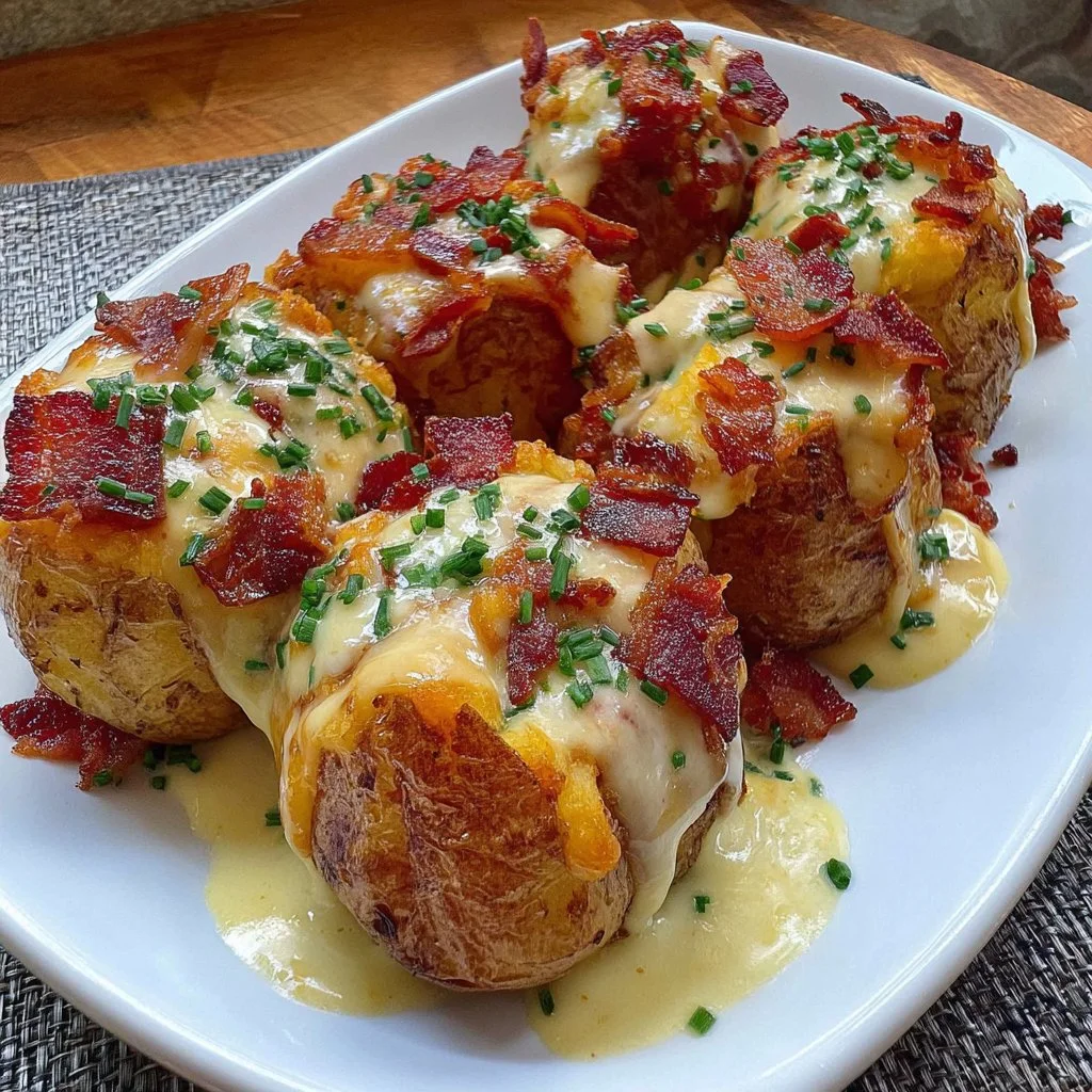 Crispy bacon and cheese loaded potatoes garnished with chives