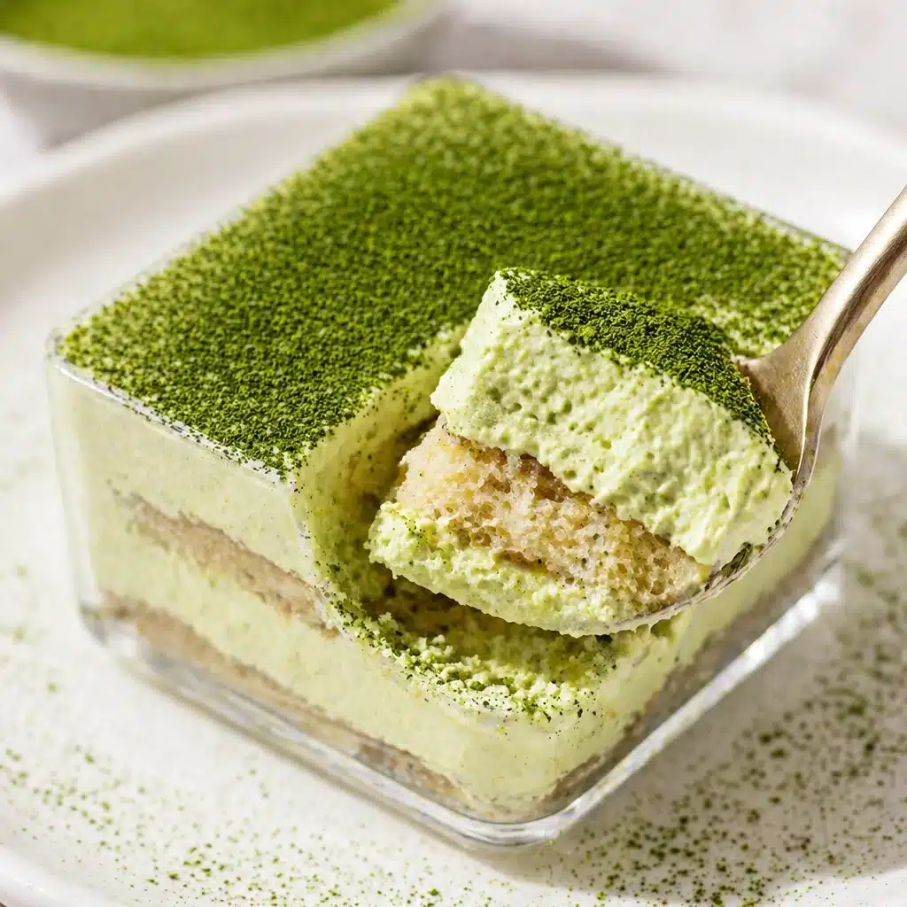 Mini matcha tiramisu dessert with layers of matcha-soaked ladyfingers and mascarpone cream.