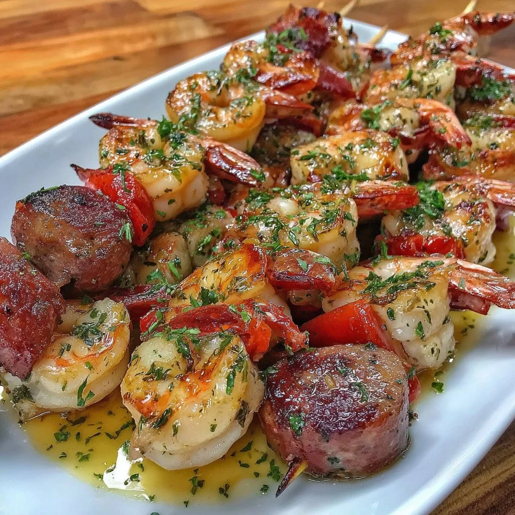 Delicious easy sausage and shrimp kabobs on skewers ready for grilling