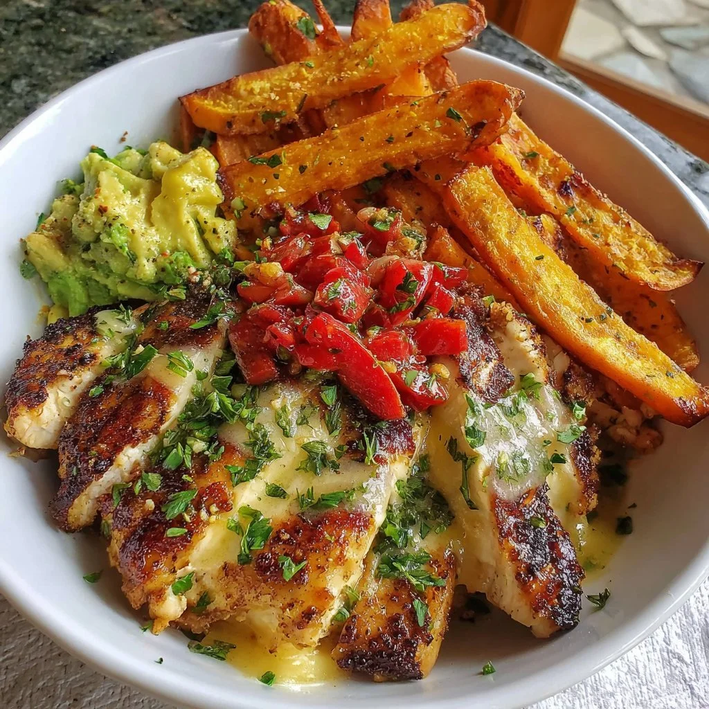 Grilled herb chicken bowl with sweet potato fries and avocado salsa