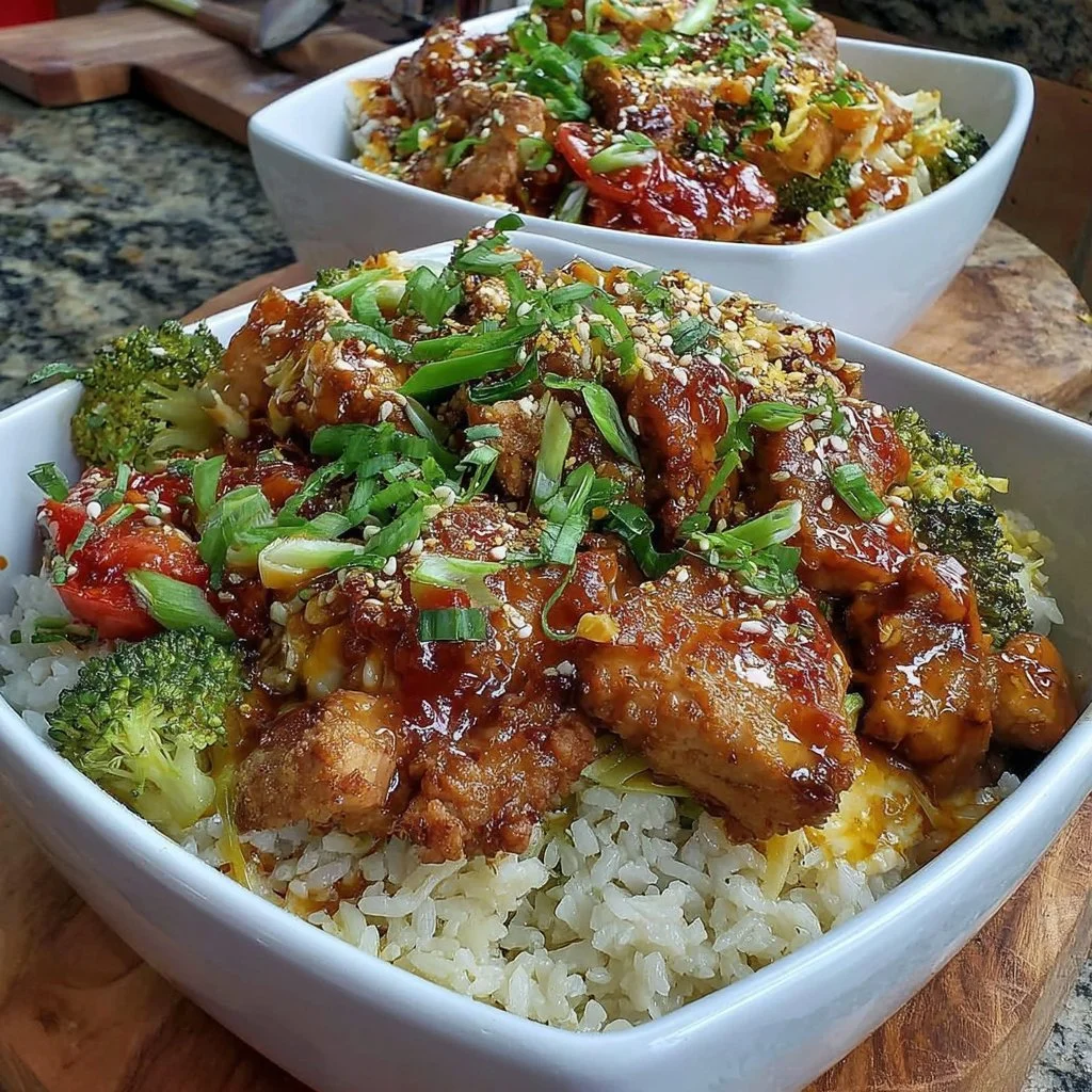 Meal prep teriyaki chicken bowls with rice and vegetables in a meal container