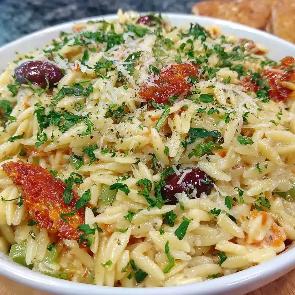 Delicious orzo salad with colorful vegetables and dressing