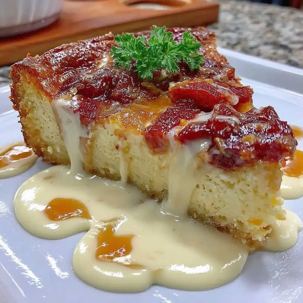 Delicious rhubarb custard cake served on a rustic wooden table