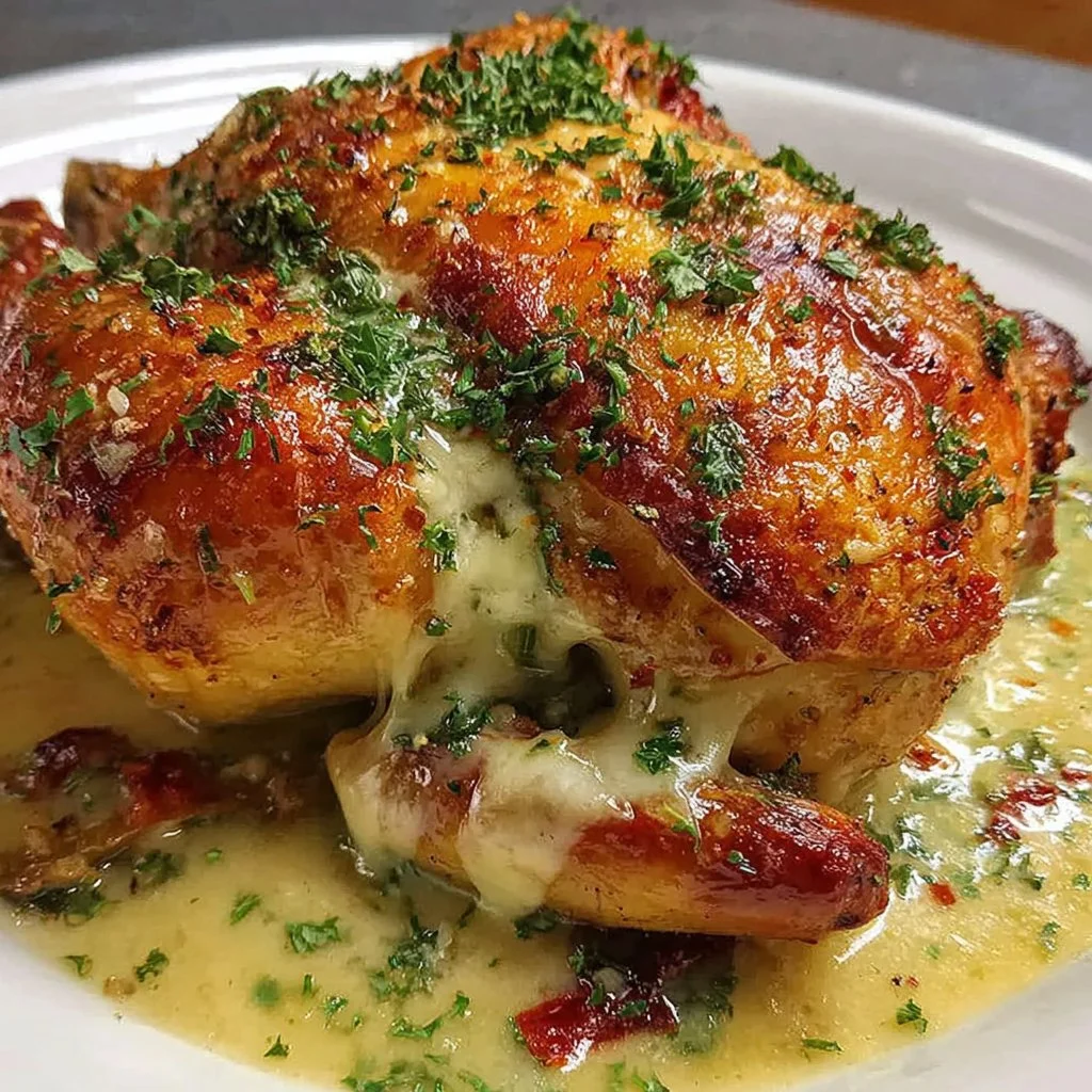 A perfectly roasted whole chicken with golden skin and herbs on a serving platter.