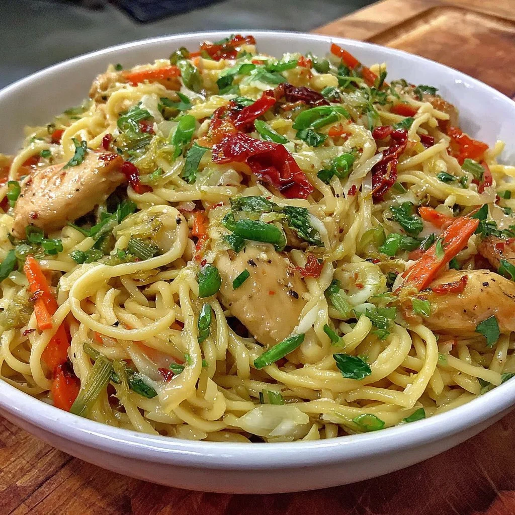Delicious garlic-infused chicken lo mein with colorful stir-fried vegetables