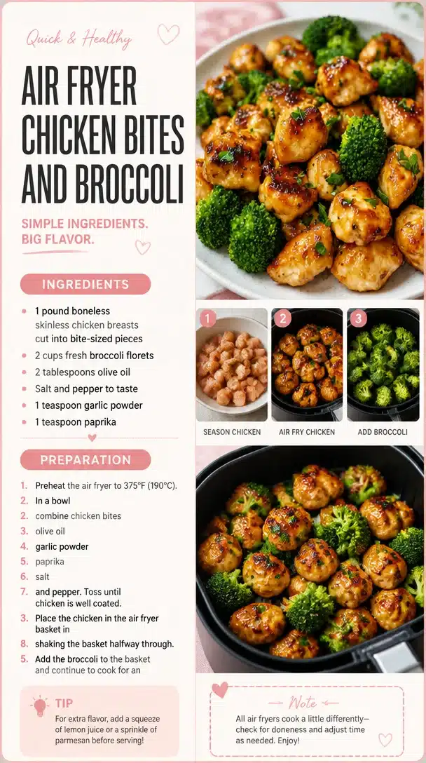 Air fryer chicken bites served with steamed broccoli on a plate
