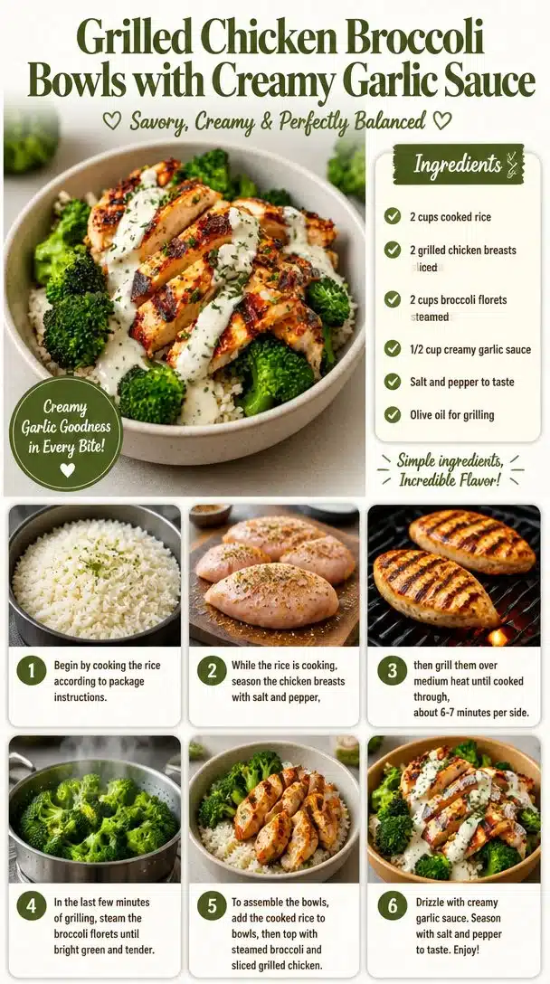 Grilled Chicken Broccoli Bowls with Creamy Garlic Sauce