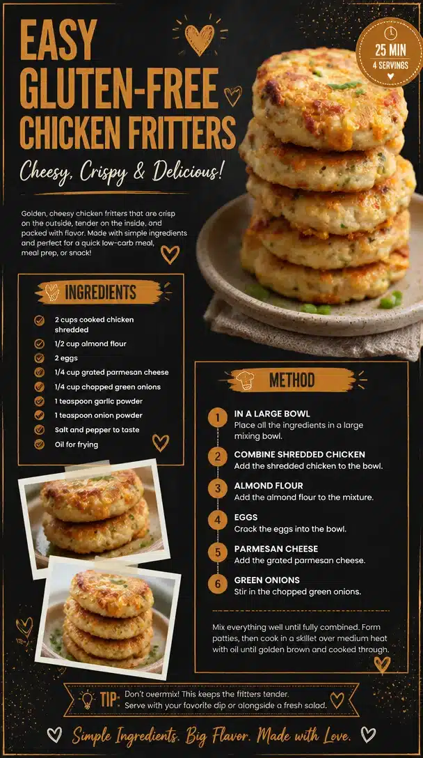 Delicious easy gluten-free chicken fritters served on a plate with a side of dipping sauce.