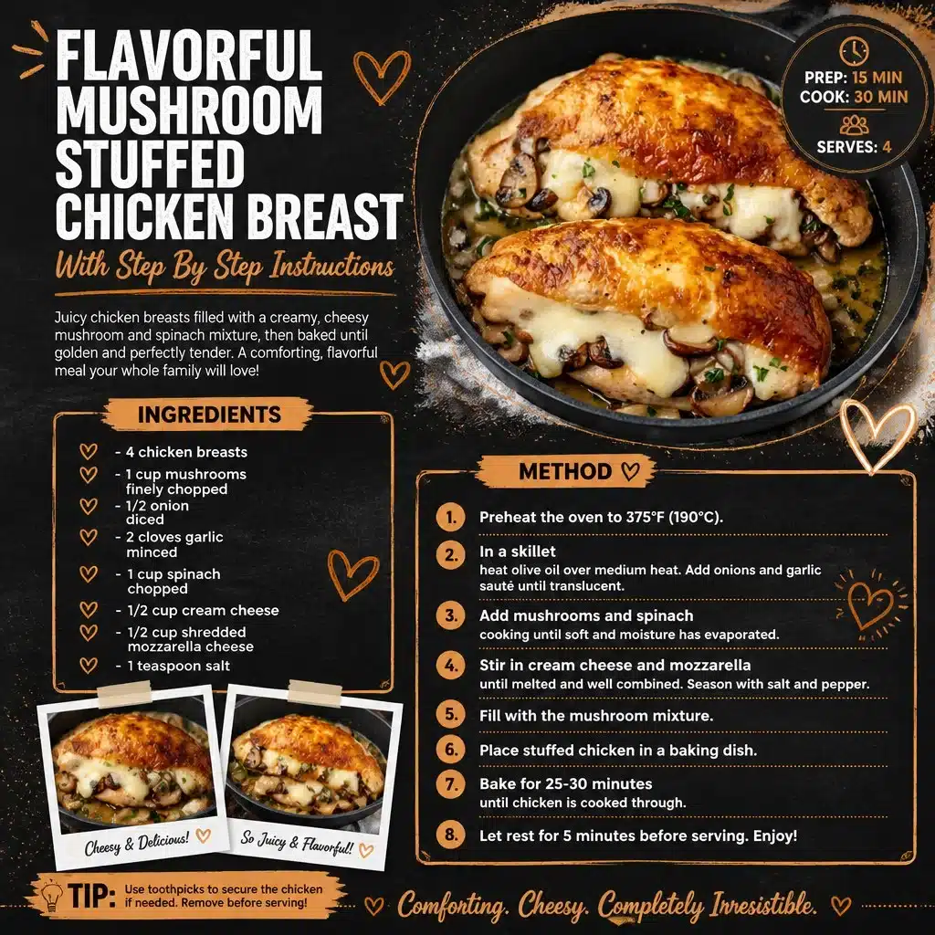 Flavorful mushroom stuffed chicken breast on a plate with herbs and spices.