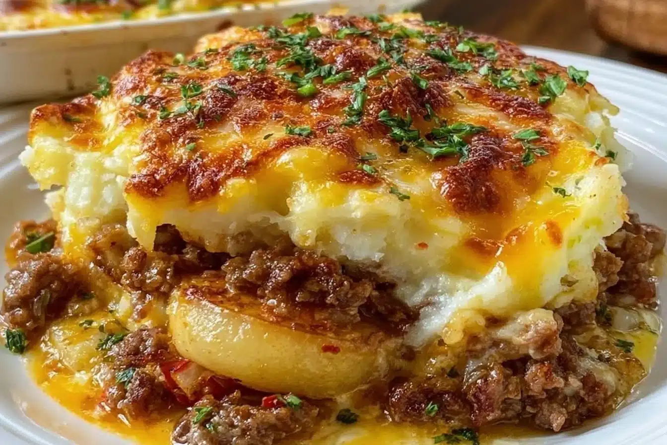 Cheesy hamburger potato casserole in a baking dish fresh from the oven