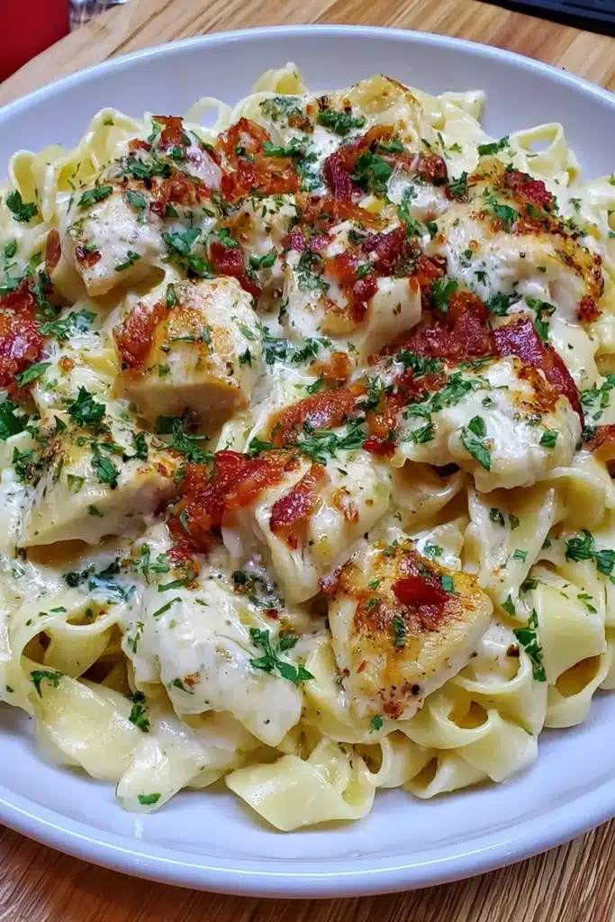 Creamy Chicken Fettuccine Alfredo served on a plate with parsley garnish