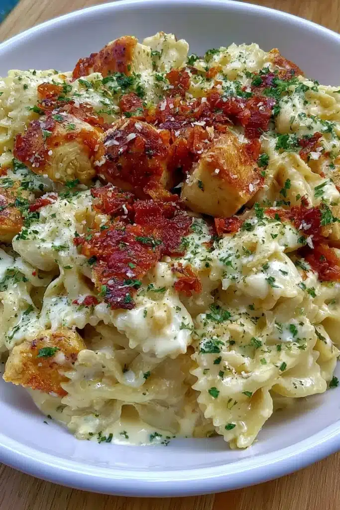 Creamy Marry Me Chicken Bowtie Pasta garnished with herbs in a bowl