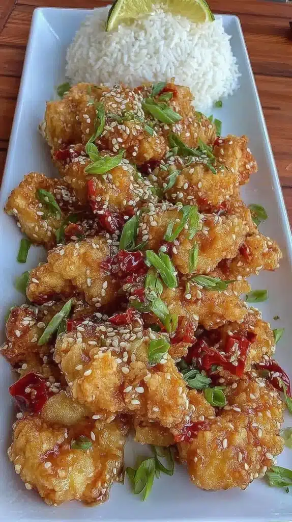 Crispy sesame chicken served with garnishes on a plate
