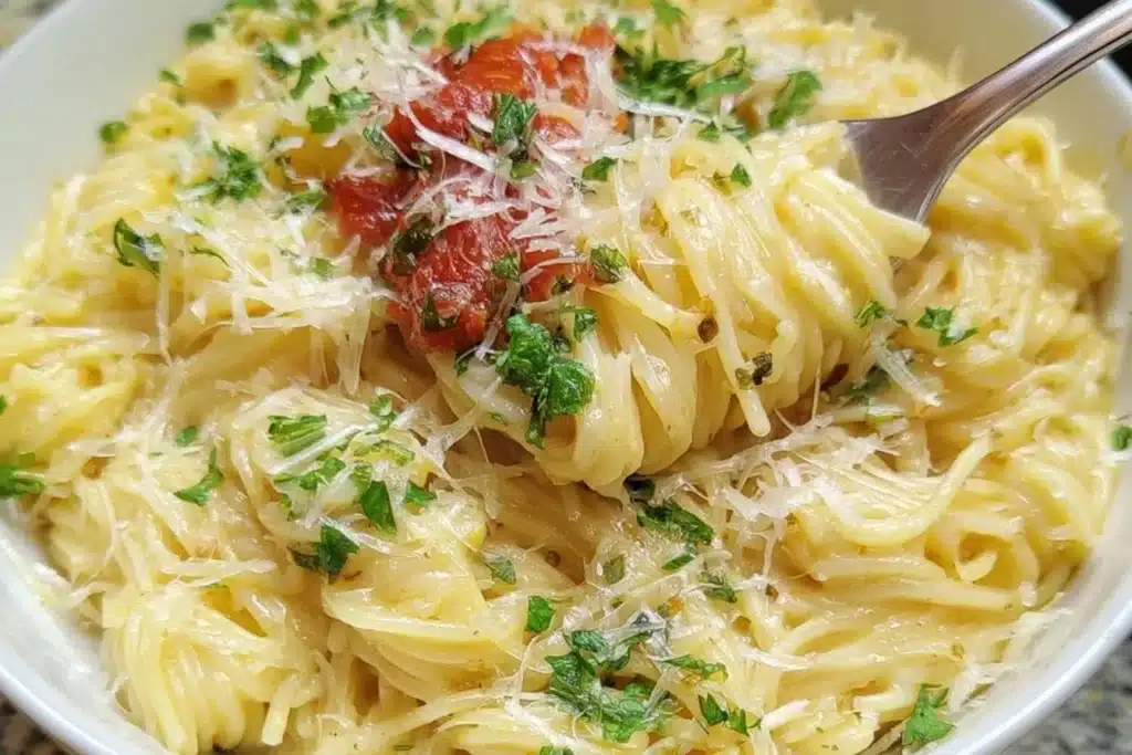 Plate of garlic parmesan pasta garnished with parsley and grated cheese.