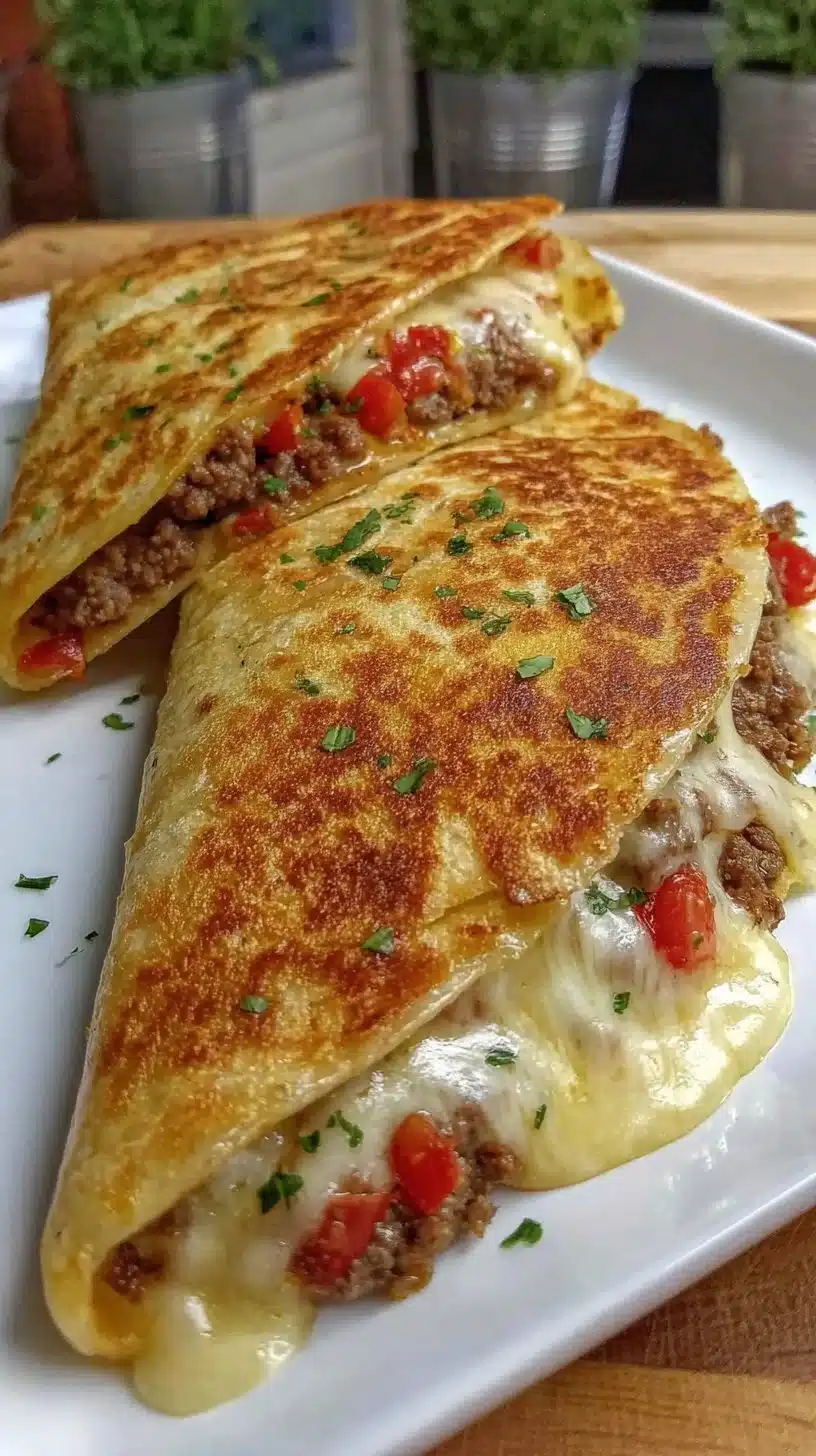Delicious ground beef quesadillas with a crispy golden-brown crust on a plate.