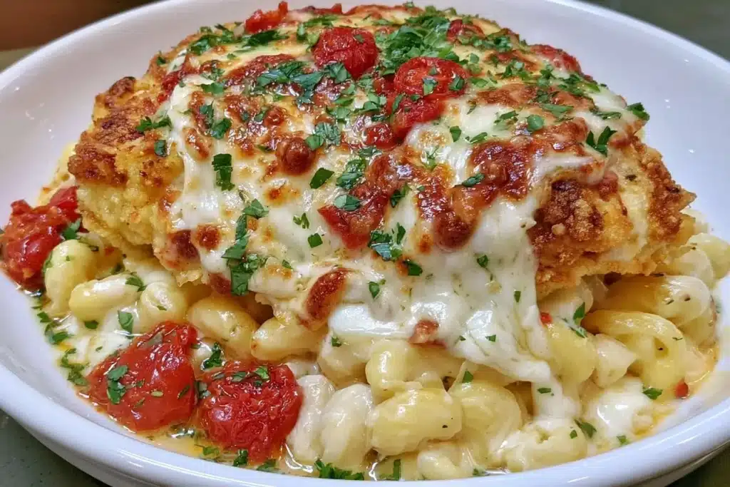 High protein chicken parmesan casserole dish served in a bowl