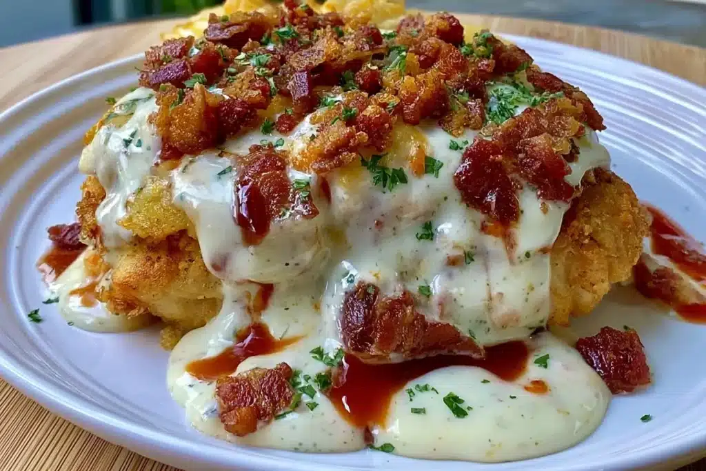 Delicious Keto BBQ Chicken Casserole topped with cheese and herbs
