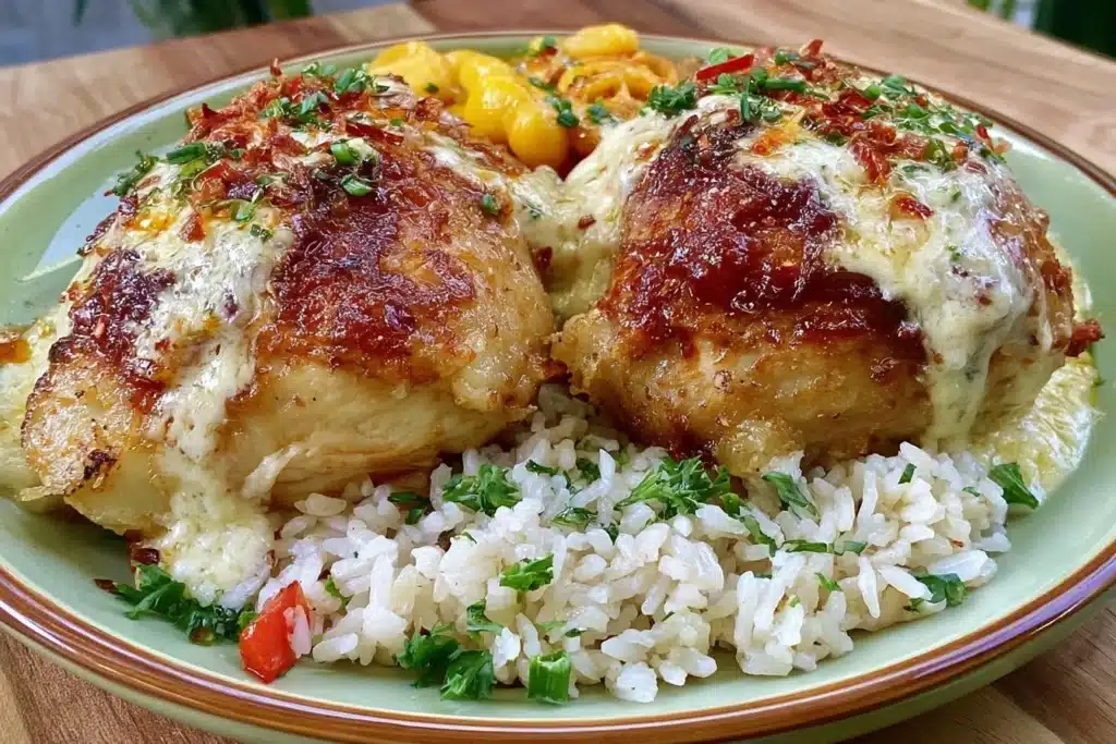One-Pan Bold Honey BBQ Chicken Rice dish served with colorful vegetables.