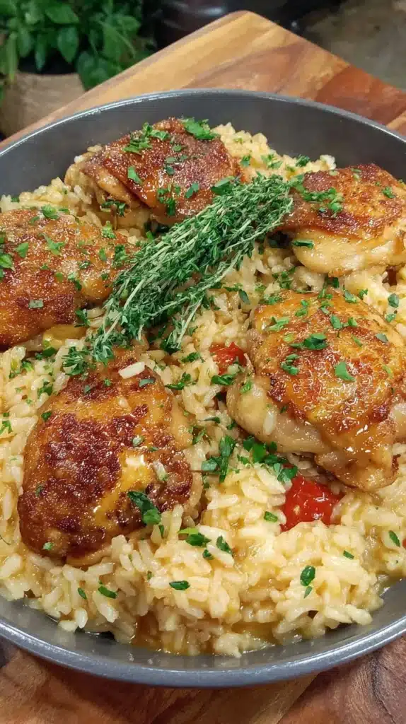One-Pan Honey BBQ Chicken Rice served with vegetables on a plate