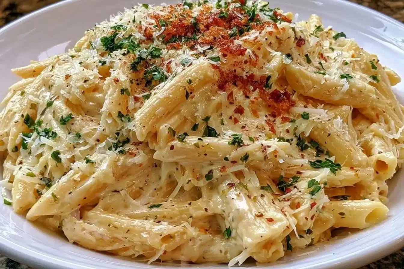 Bowl of one pot creamy garlic pasta garnished with parsley and parmesan cheese