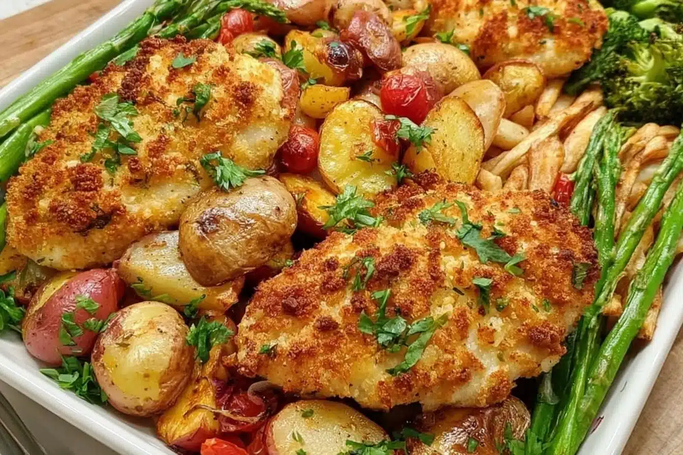 Oven-baked Parmesan Crusted Chicken with vegetables on a sheet pan