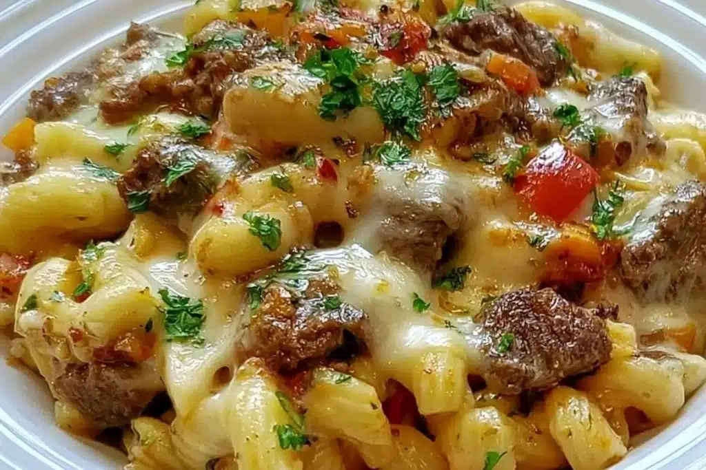 Delicious Philly Cheese Steak Pasta served in a bowl with melted cheese and peppers.