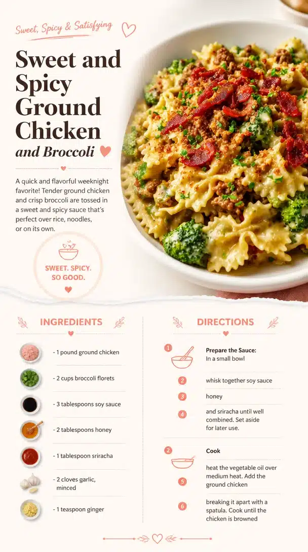 Sweet and spicy ground chicken stir-fry with broccoli served in a bowl