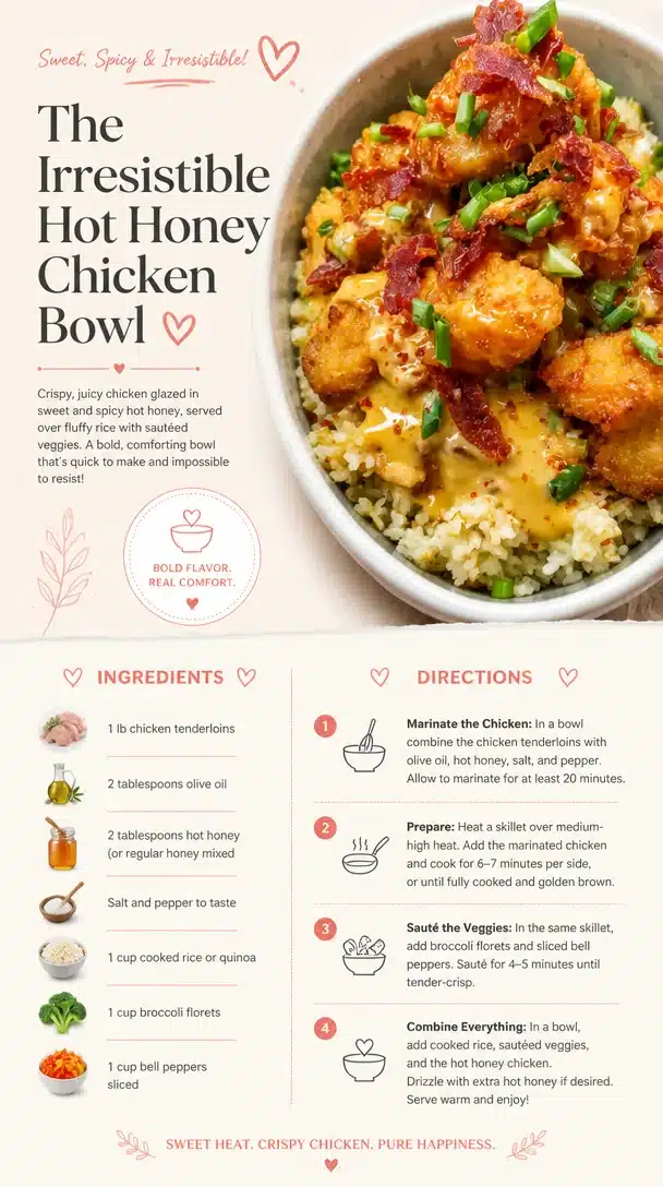 Delicious hot honey chicken bowl topped with fresh vegetables and drizzle of honey