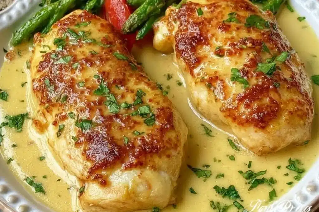 Creamy honey mustard chicken served with vegetables on a plate