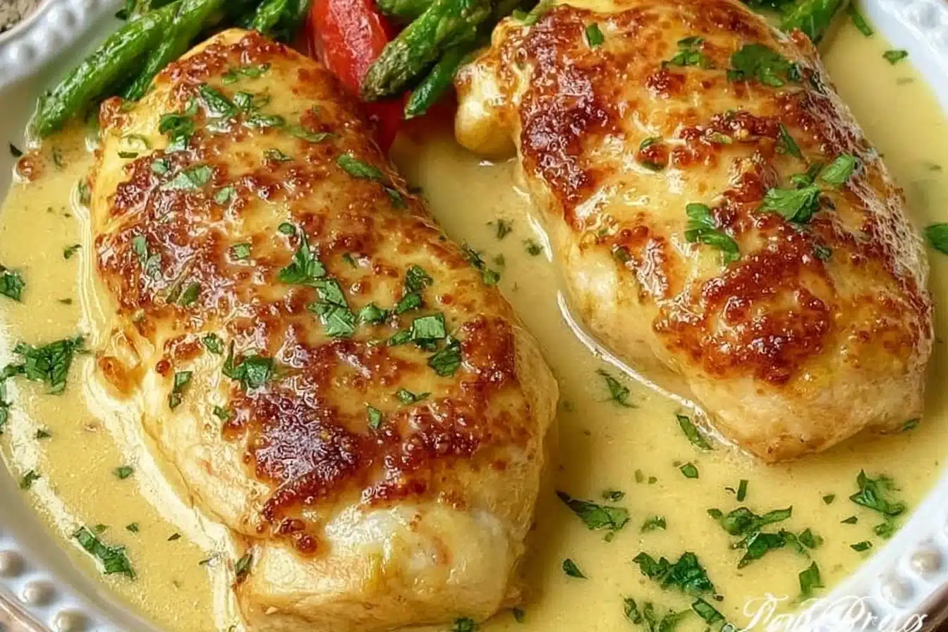 Creamy honey mustard chicken served with vegetables on a plate