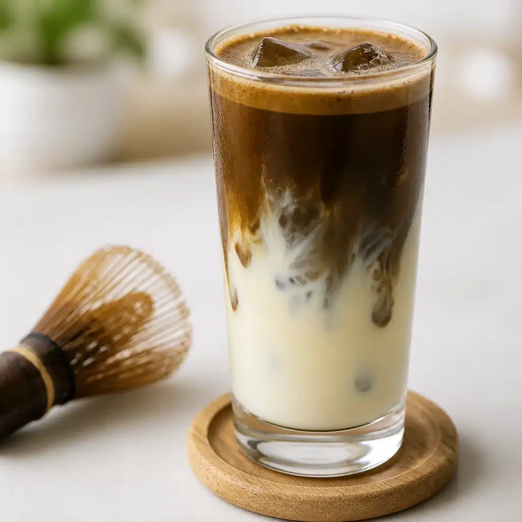 Chilled iced hojicha latte with creamy oat milk and roasted green tea powder on top.