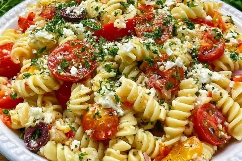 Colorful and refreshing pasta salad in a bowl, perfect for summer meals.