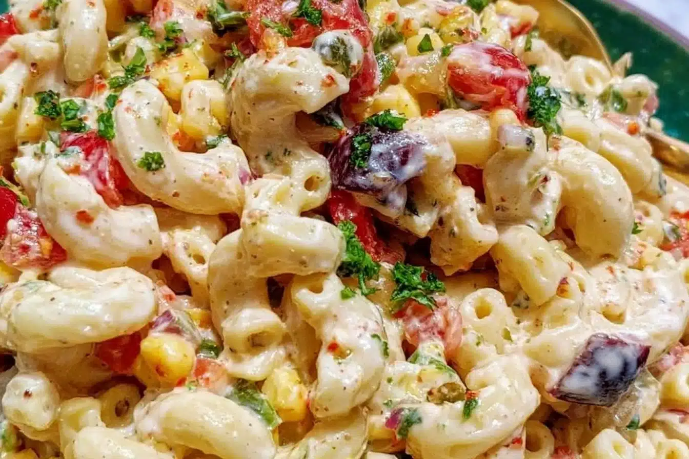Bowl of colorful Mexican macaroni salad with vegetables and dressing