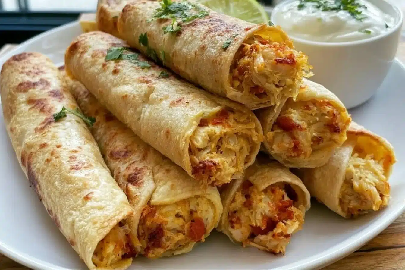 Oven baked chicken taquitos on a plate topped with salsa and avocado